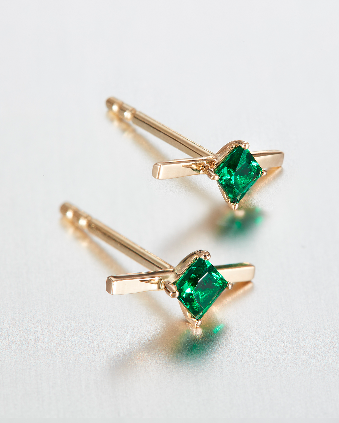 14K Gold Lab Grown Emerald Bar Stud Earrings