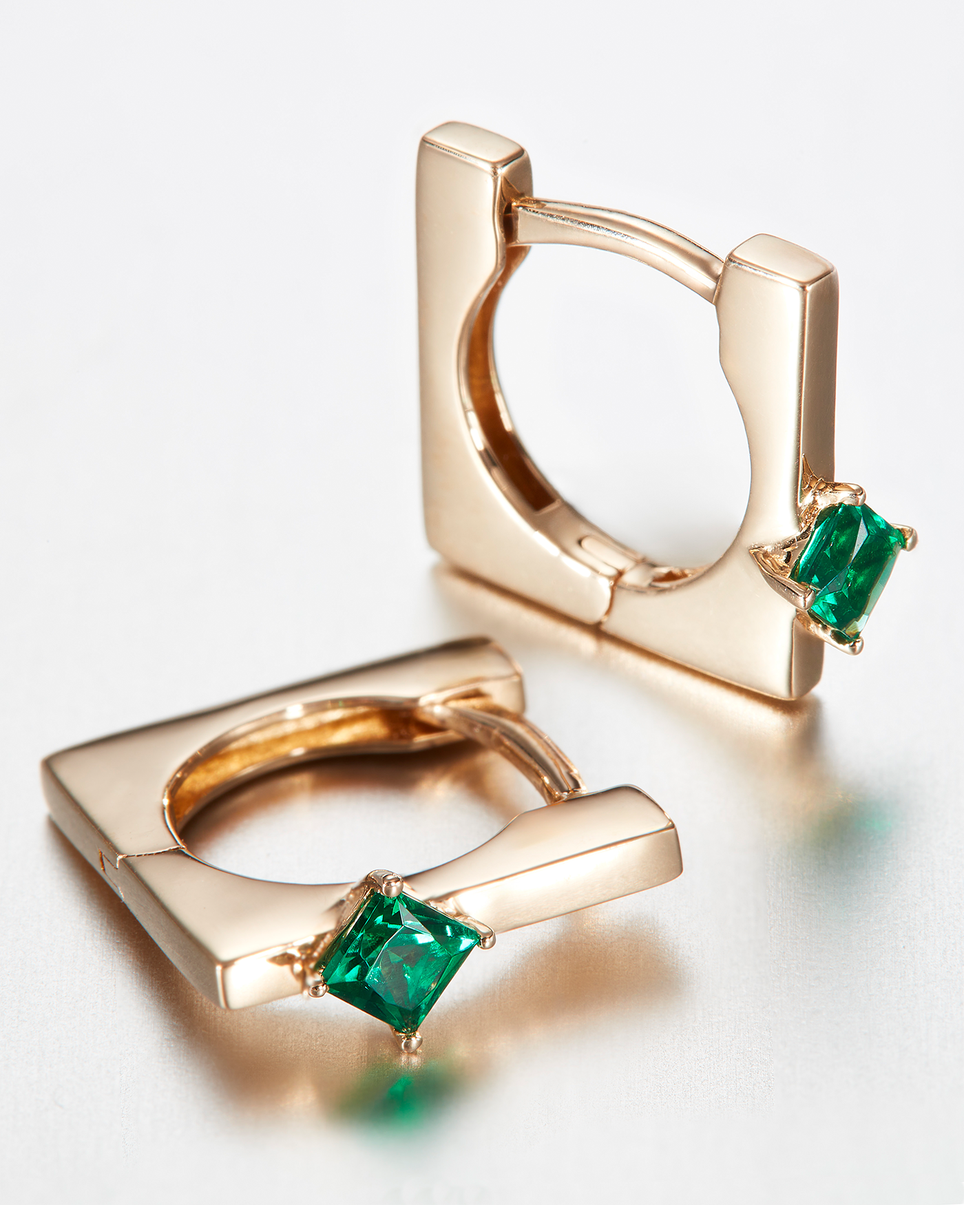 14K Gold Lab Grown Emerald Huggie Earrings