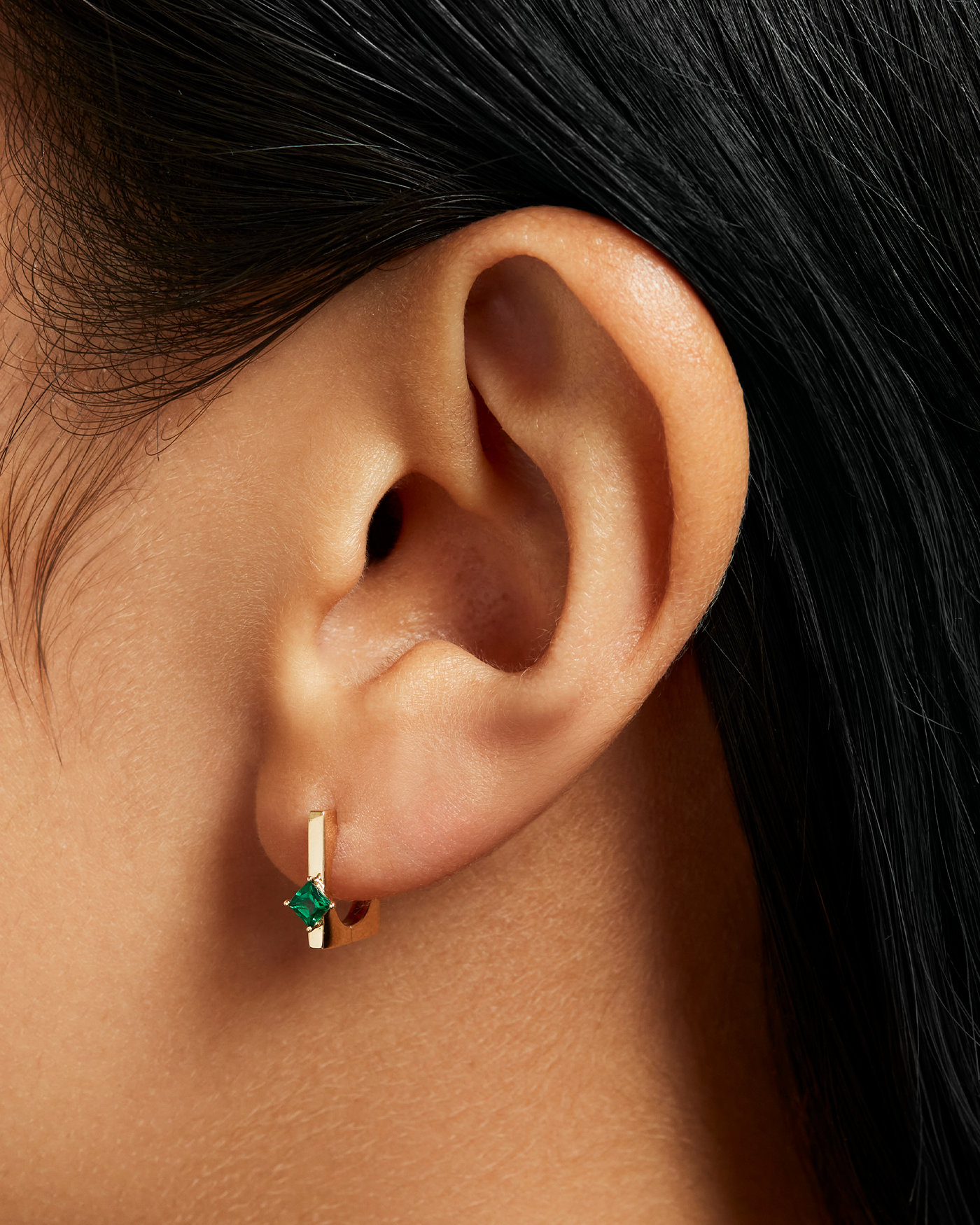 14K Gold Lab Grown Emerald Huggie Earrings