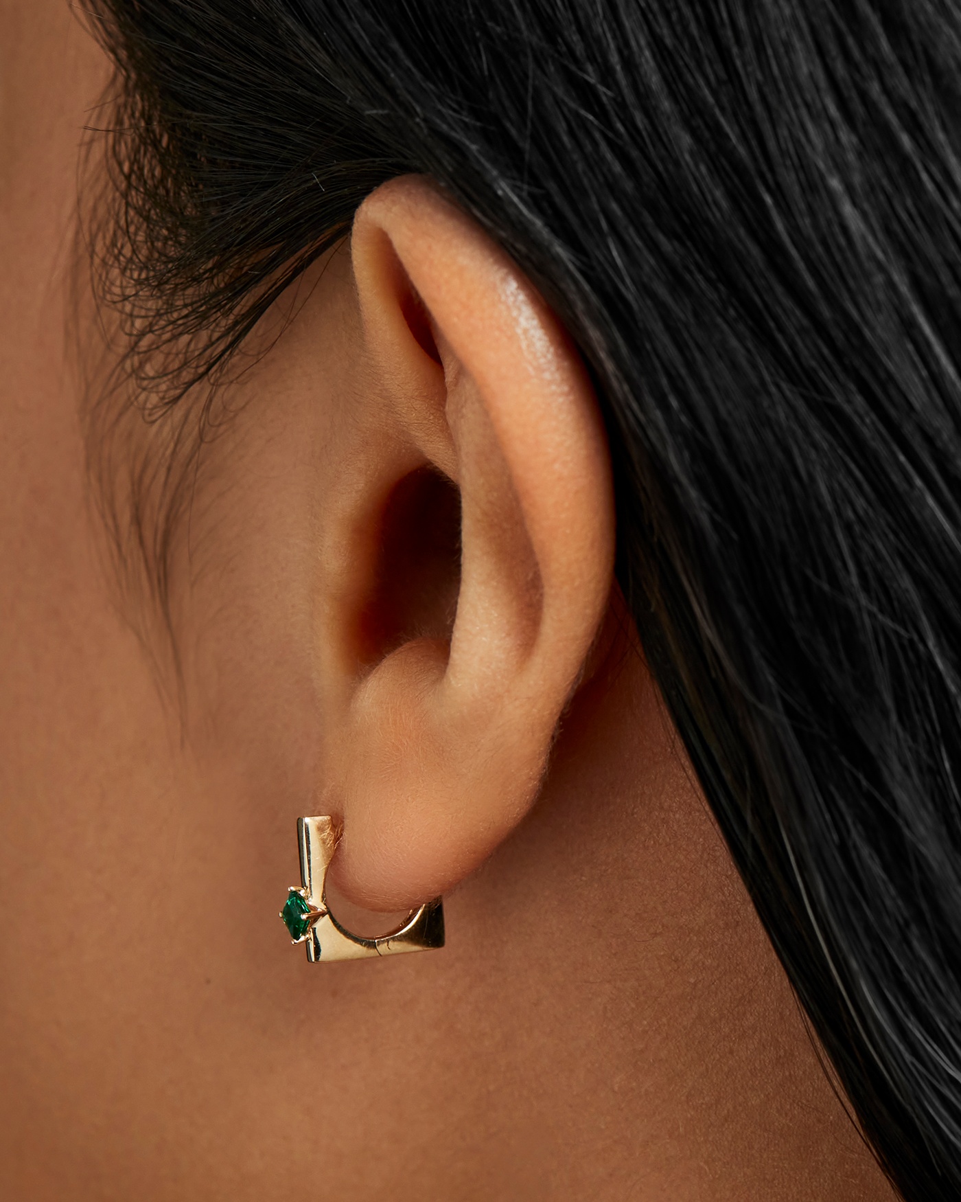14K Gold Lab Grown Emerald Huggie Earrings