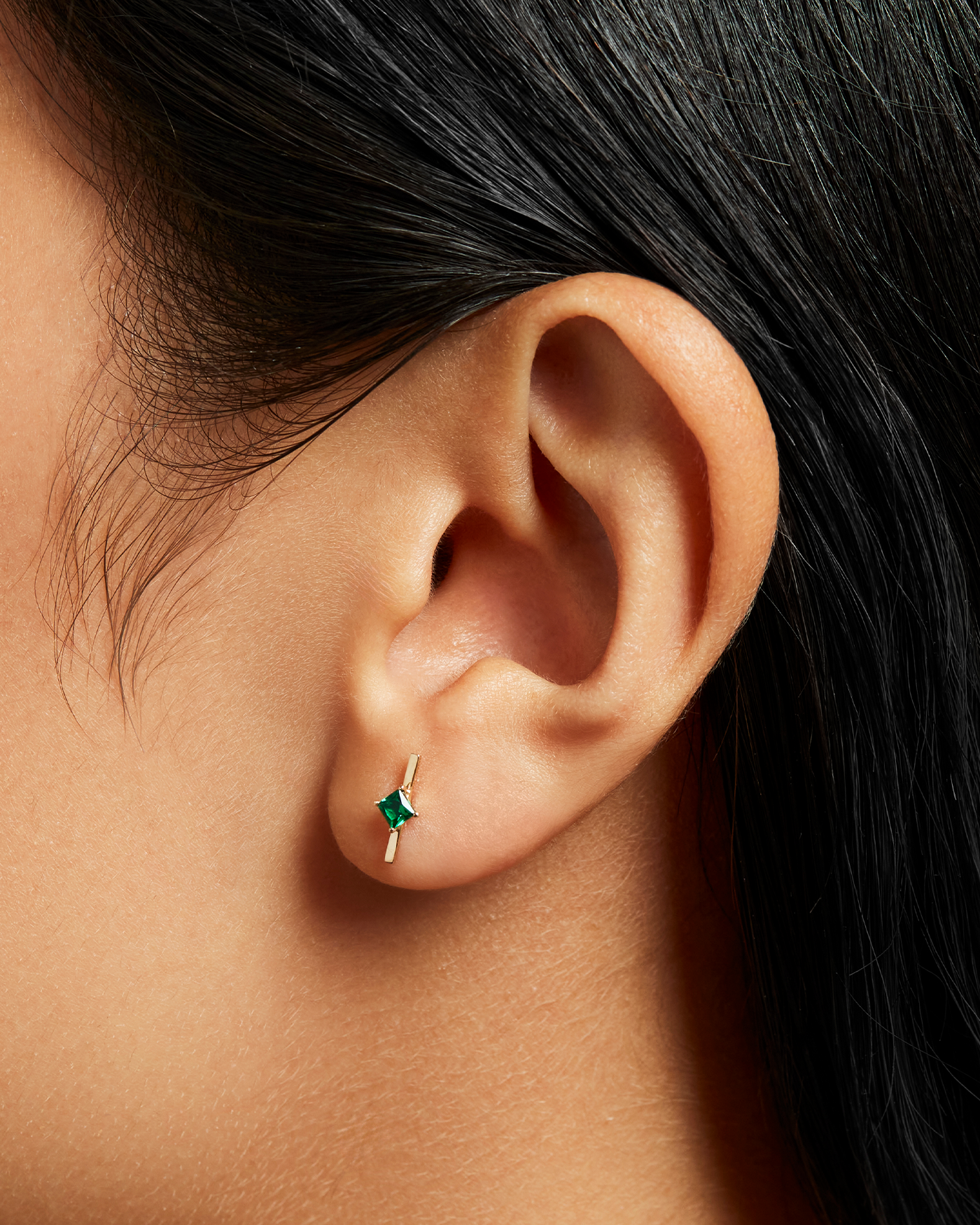 14K Gold Lab Grown Emerald Bar Stud Earrings