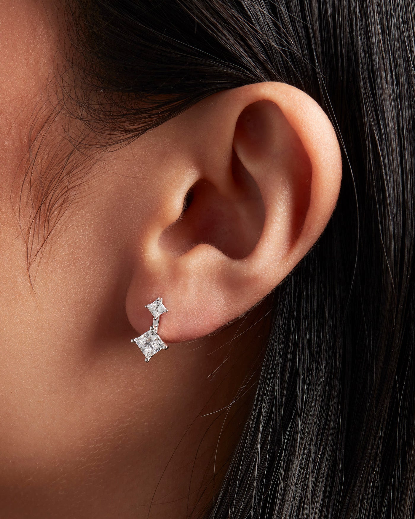 14K Princess Cut Double Diamond Drop Earrings