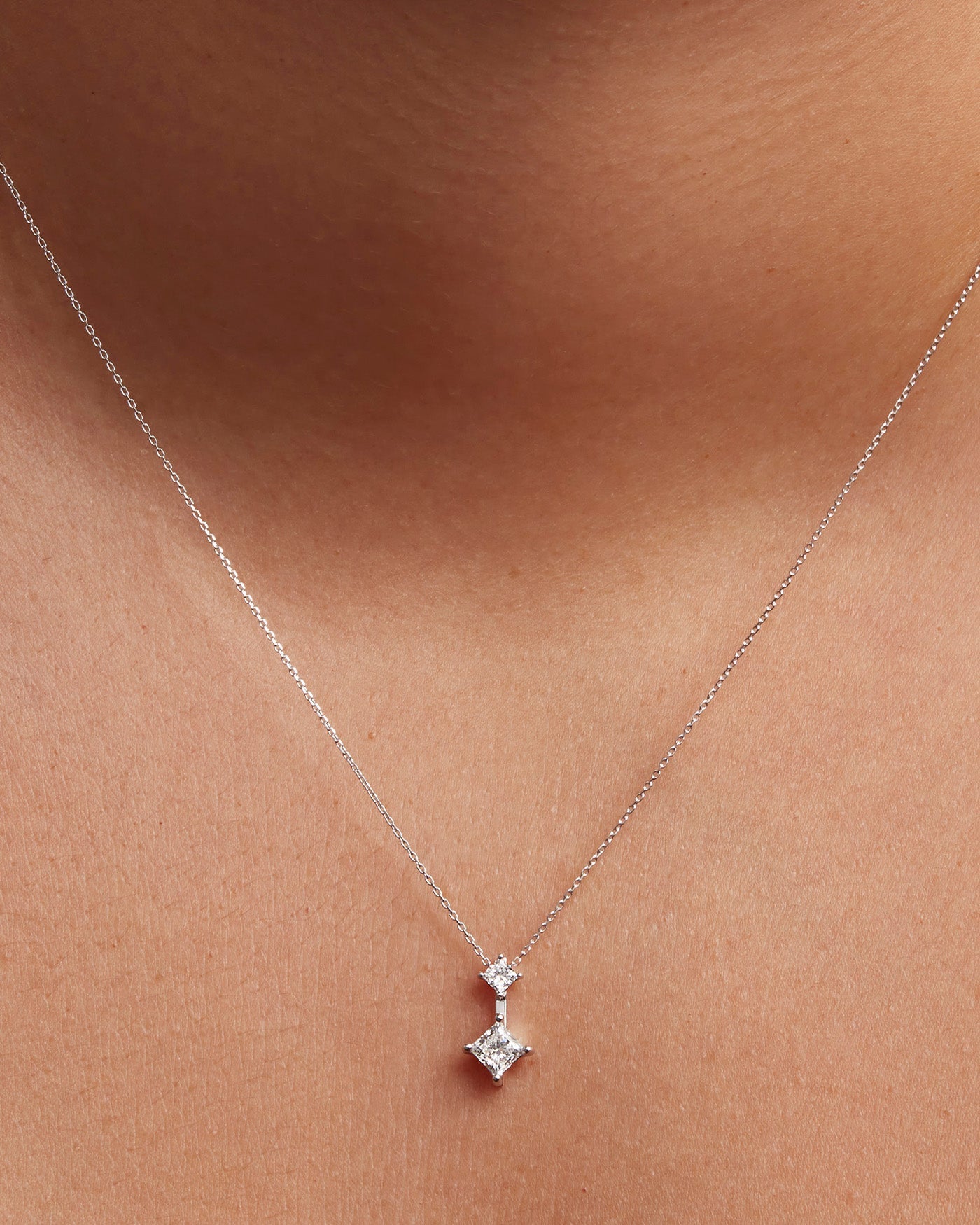 14K Princess Cut Double Diamond Pendant Necklace