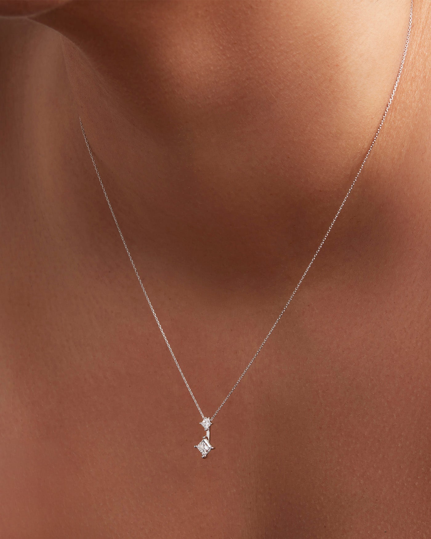 14K Princess Cut Double Diamond Pendant Necklace