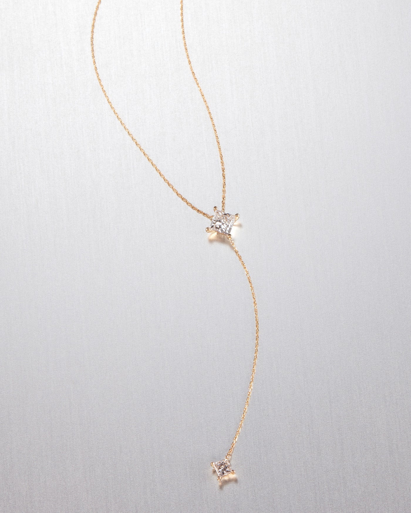 14K Princess Cut Double Diamond Lariat Necklace