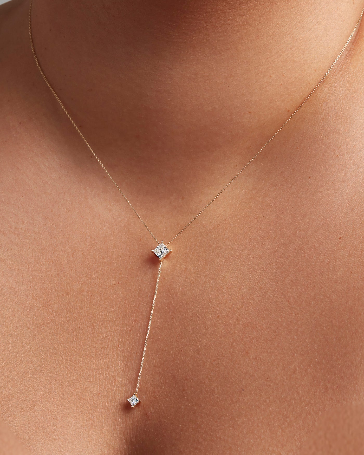 14K Princess Cut Double Diamond Lariat Necklace