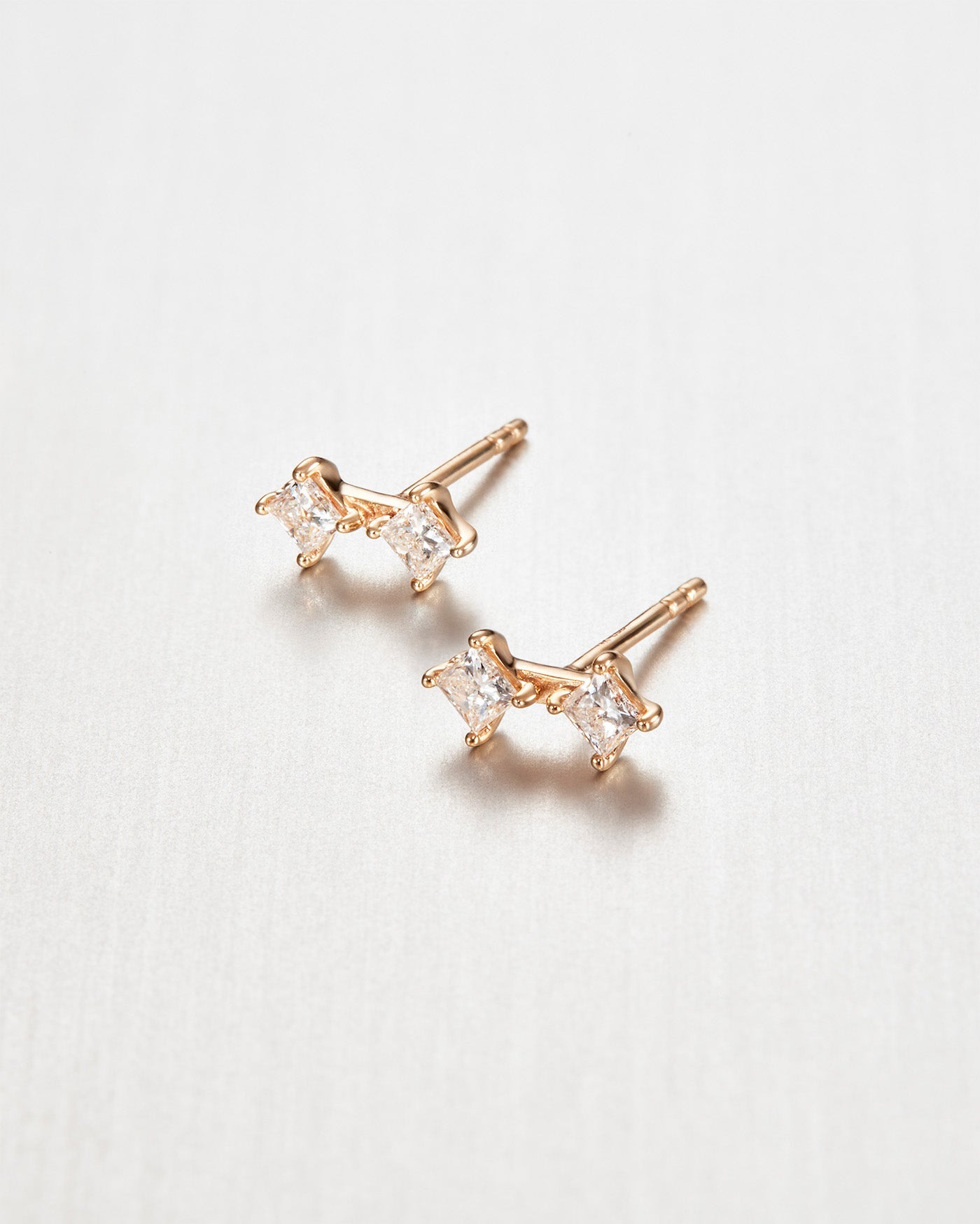 14K Princess Cut Double Diamond Stud Earrings